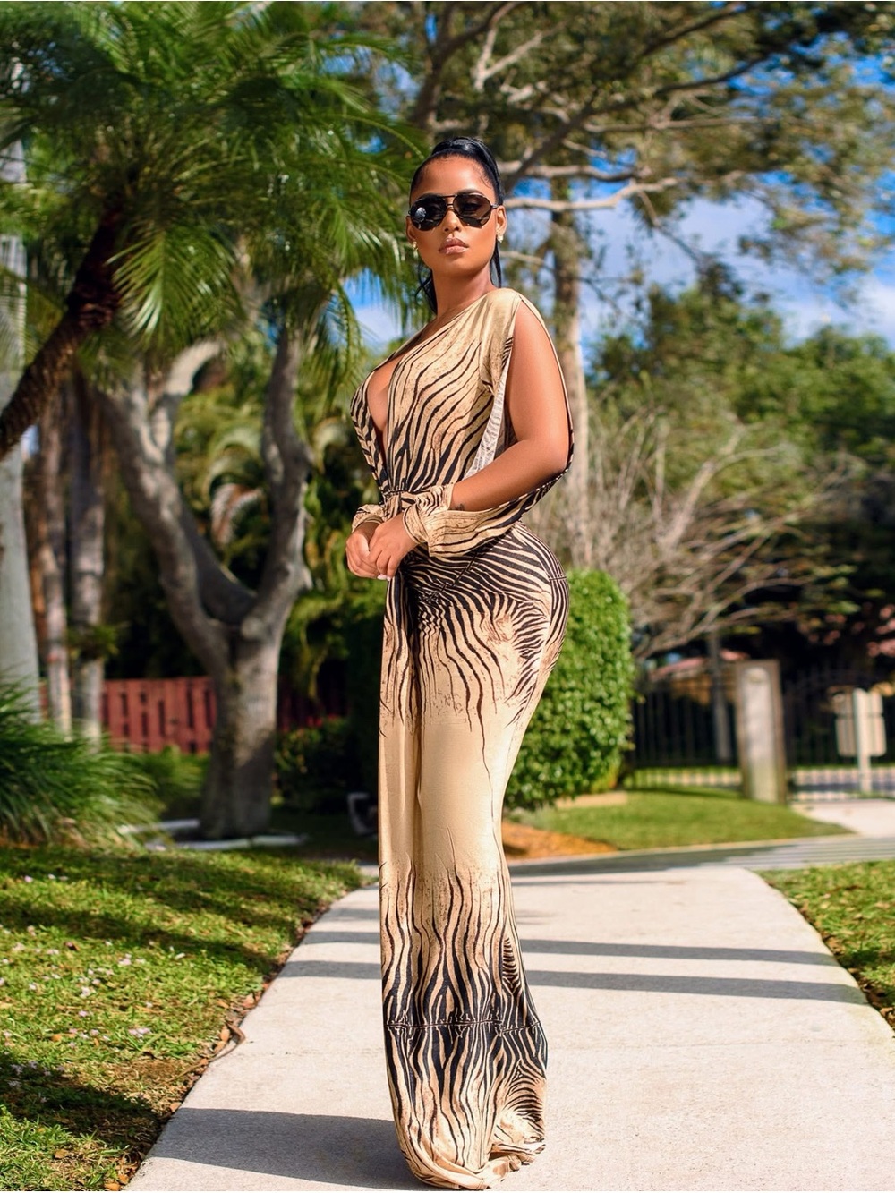 Sculpting Zebra-Print Maxi Dress in Beige and Black